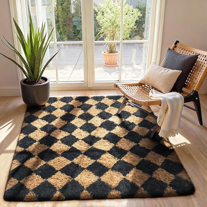 Ophanie Black & Beige Diamond Checkered Rugs for Living Room Bedroom, Rhombus Fluffy Soft Cute Fuzzy Area Rug, Plush Shaggy Bedside Floor 4x6 Furry Carpet for Kids Baby Teen Dorm Home Decor Aesthetic
