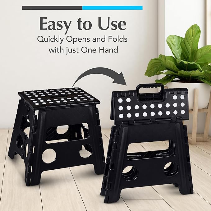 Handy Laundry Folding Lightweight Step Stool - Sturdy Enough to Support Adults - Opens Easy with One Flip - Great for Kitchen, Bathroom or Bedroom (Black- 13 inch)