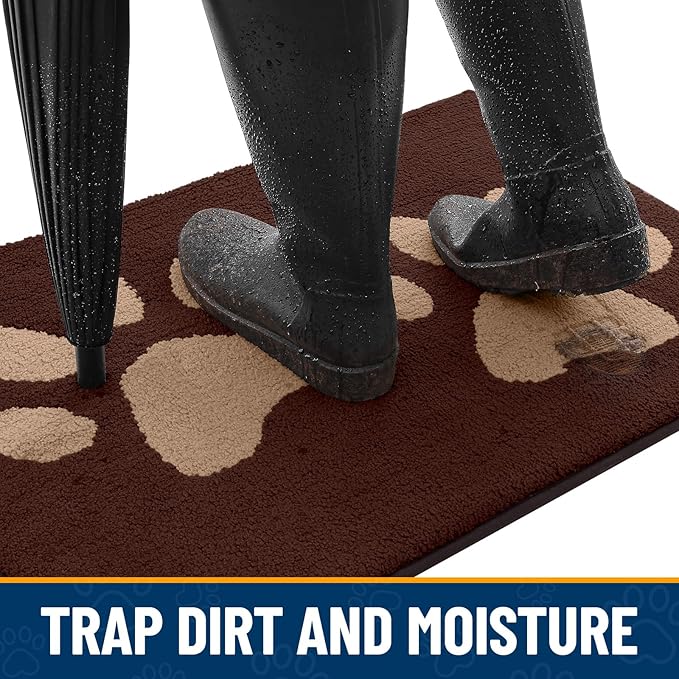 Smiry Dog Door Mat for Muddy Paws, Absorbs Moisture and Dirt, Low-Profile Entryway Mat with Non-Slip Backing, Entry Indoor Outdoor Doormat for Inside Floor (47x20 Inches, Brown, Paw)