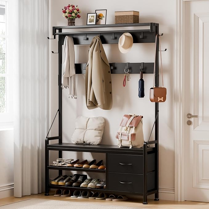 Lulive Hall Tree with Bench and Shoe Storage, 39.4” Entryway Bench with Coat Rack freestanding, 5 in 1 Entryway Furniture Organizer Large Coat and Shoe Rack with 21 Hooks and Drawers, Black