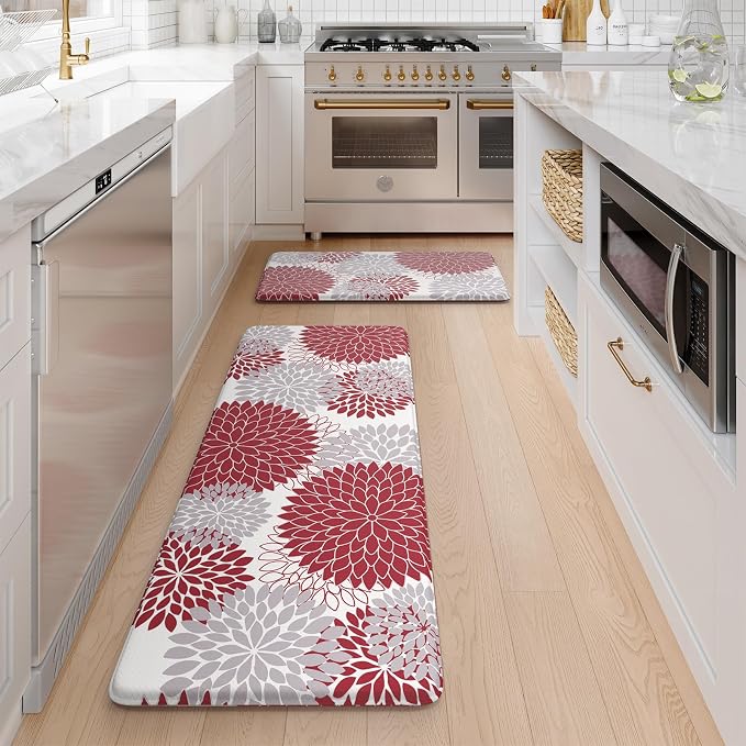 Anti Fatigue Kitchen Mats for Floor 2PCS,17"x47"+17"x29" Farmhouse Dahlia Kitchen Rugs Non Slip Rubber Backing,Waterproof Cushioned Standing Mat for Office,Laundry,Sink,Desk,Red