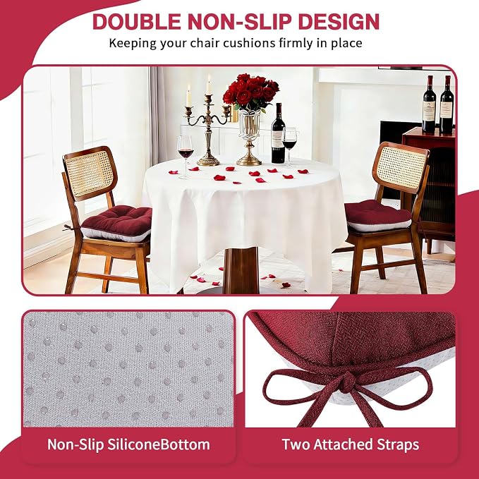 BETU Chair Cushions for Dining Chairs Set of 6,3.5" Thick Kitchen Table Chair Pads with Ties,Non Slip Backing and Covers, Home Decor Seat Cushion for Dining Room,Bar,Patio Chairs,15.5"X15.5"X3.5",Red