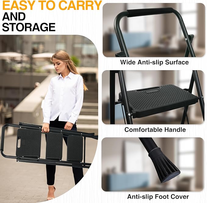 Step Ladder, Portable Steel Folding Step Stool with Wide Anti-Slip Pedal & Convenient Handgrip, Sturdy Steel Ladder, 3-Step, Black