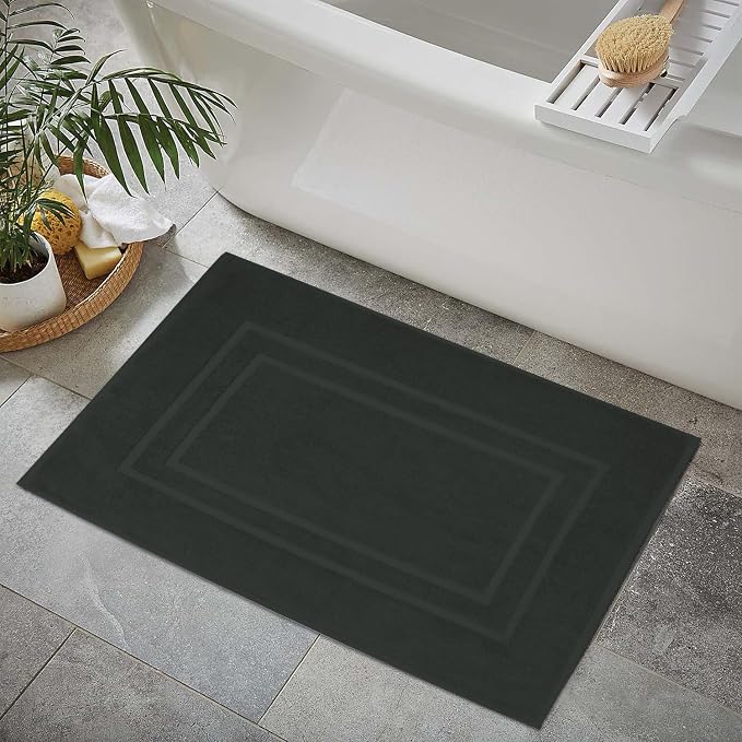 Feather & Stitch 2 Piece Towel Like Bath Mats (30x21 Inch) 100% Cotton Terry Bath Mats, Bathroom Shower Floor Mats [NOT A Bathroom Rug], Soft Absorbent Washable Mats - Charcoal