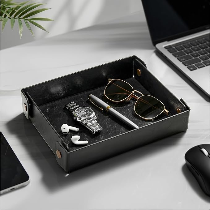 Catch All Valet Tray - EDC Organizer for Key, Wallet, Watch, Jewelry, Phone, coin change | Faux Leather Storage Tray for Dresser, Nightstand, Desk, Entryway, Travel Storage | Black
