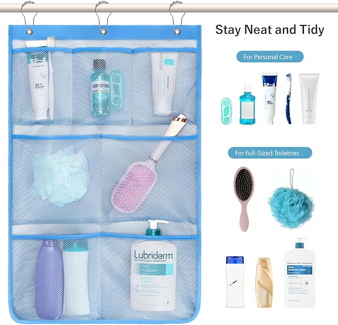 F-color Cruise Essentials 2026 - Mesh Shower Organizer Hanging with 7 Pockets for RV Gym Camping, Quick-Dry Portable Toiletry Bag with Metal Hooks for Bathroom Travel Toiletries, Blue+Blue