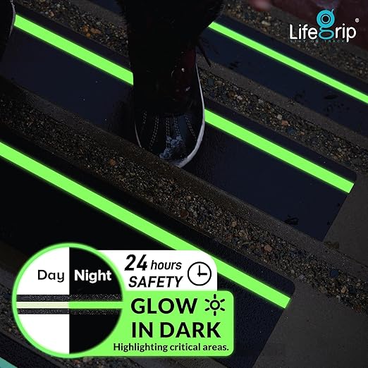 LifeGrip Outdoor Stair Treads Non-Slip 12 Pack, 6"x32" Glow in Dark Stripe Waterproof Grip Tape for Wooden Steps, Deck, Porch - 80-Grit Adhesive Strips for Dogs, Kids & Elderly Safety