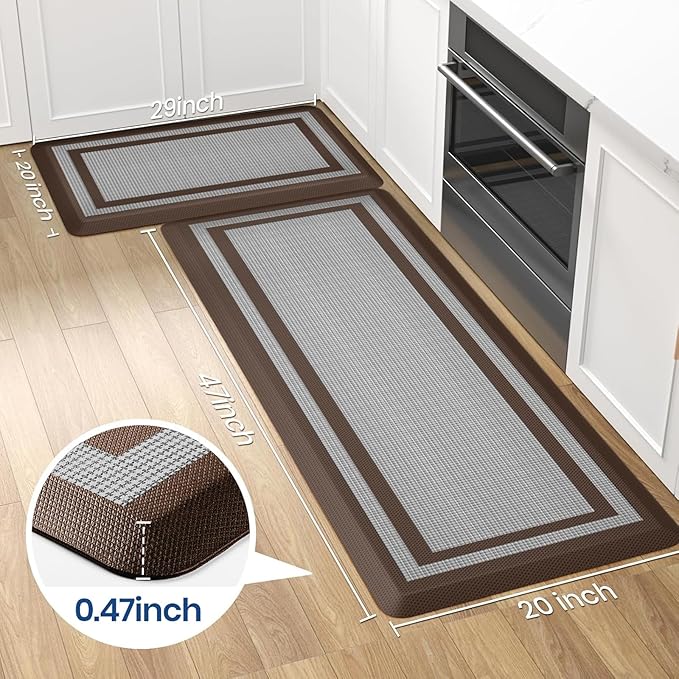 KitchenClouds [2 PCS Kitchen Rugs Cushioned Anti-Fatigue Kitchen Mats for Floor Waterproof Kitchen Rug Set Non-Slip Comfort Standing Mat for Office, Sink, Laundry 17.3"×29"+17.3"×47",Chocolate