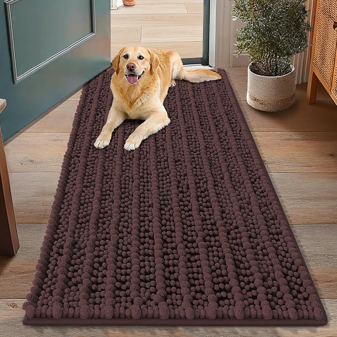 Smiry Dog Door Mat for Muddy Paws 48x30, Absorbent Dirt Trapper, Non-Slip Washable Chenille Entryway Rug for Inside Floor, Brown, Layered Pattern