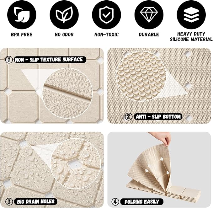 Bath Mat for Textured Tub: Silicone Bathtub Mat Foldable Shower Mat Non Slip Tub Mat No Suction Cups 28 X 17.7Inch - Beige