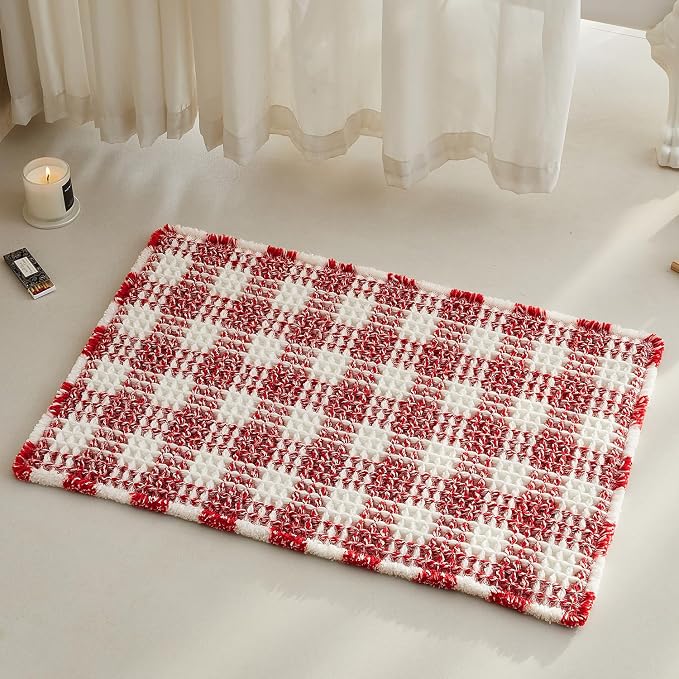 TYUU Waffle Bath Mat, Boho Christmas Bathroom Rugs Non Slip Washable Absorbent Checkered Bathroom Mat Quick Dry Cute Bath Mat, 30"x20" Red and White
