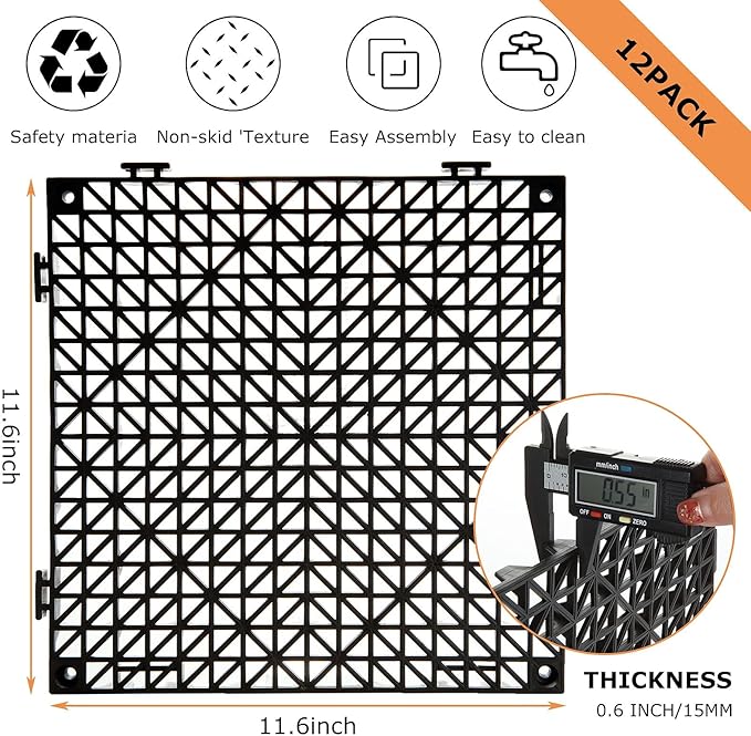 12 Pack Interlocking Floor Tiles 11.8" x 11.8" Interlocking Rubber Floor Mat Outdoor Non Slip Splicing Drainage Mats for Shower, Deck, Pool, Patio, Balcony, Kitchen, Yard