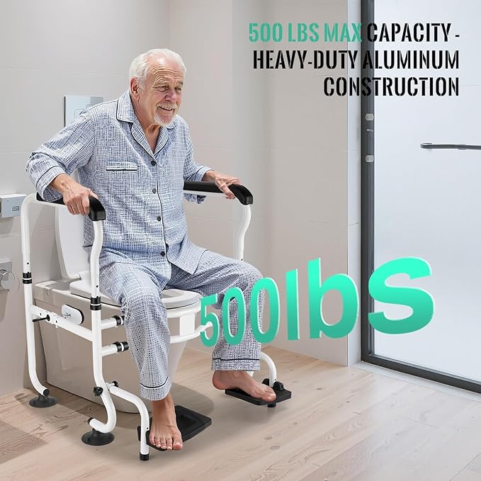 Toilet Safety Rails with Footrests, Adjustable Height & Width, Foldable Heavy Duty Toilet Safety Frame with Handles, Supports 500 lbs, Fits Most Standard Toilets-Suit for Elderly, Seniors & Disabled