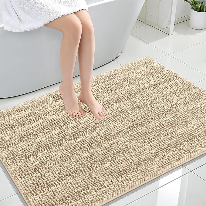 OLANLY Thick Large Bathroom Rugs 44x32, Extra Soft Absorbent Chenille Striped Bath Rugs, Rubber Backing, Machine Wash Dry, Bath Mats for Bathroom Floor, Tub and Shower, Home Decor Accessories, Beige