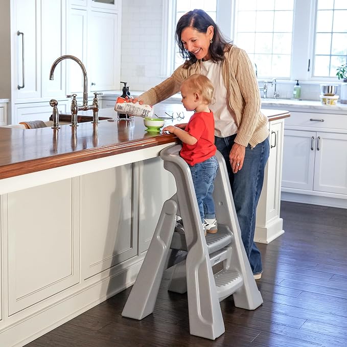 Simplay3 Toddler Tower, Montessori Folding Kids Step Stool for Kitchen, Bathroom, 34" x 21.5" x 20", Ages 18 Months to 4 Years, Gray