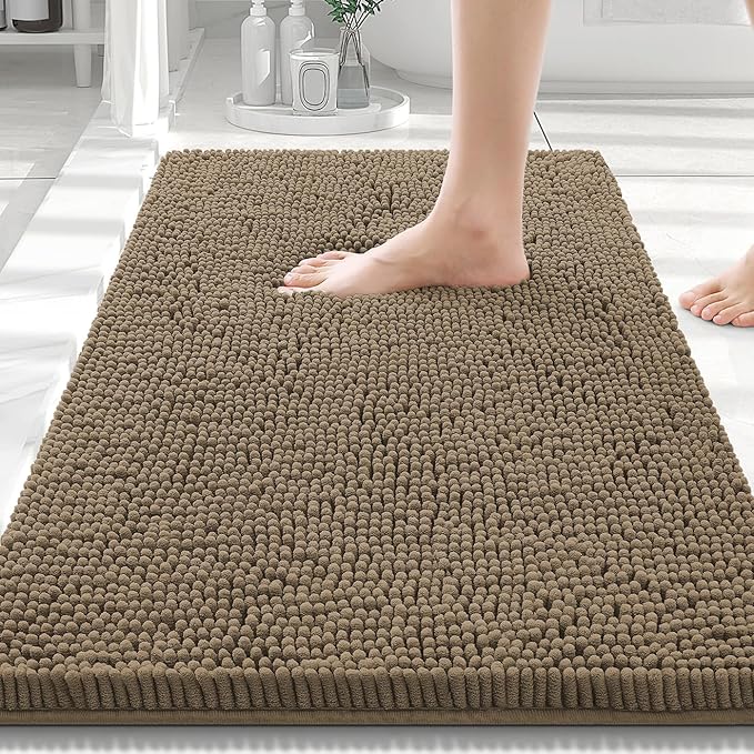 Smiry Luxury Chenille Bathroom Rugs 30x20, Extra Soft and Absorbent Shaggy Bath Mat, Machine Washable, Non-Slip Plush Carpet Runner for Tub, Shower, and Floor, Home Decor Accessories, Camel