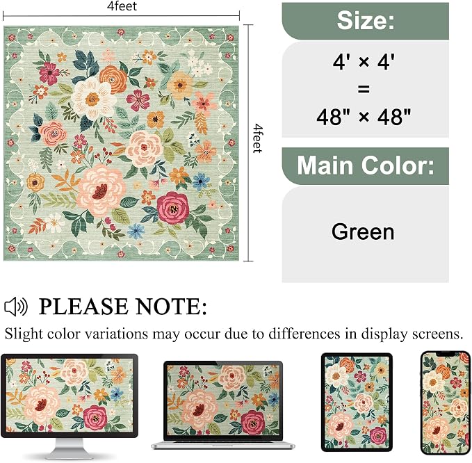 DUKINO 4x4 Square Area Rug, Floral Indoor Floor Washable Entryway Rug with Low Pile Design, Boho Non Slip Thin Doormat Carpet for Kitchen, Bedroom, Living Room, Office, Kids Playroom, Green