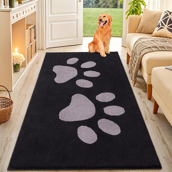 Smiry Dog Door Mat for Muddy Paws, Absorbs Moisture and Dirt, Low-Profile Entryway Mat with Non-Slip Backing, Entry Indoor Outdoor Doormat for Inside Floor (59x35 Inches, Black and Grey, Paw)