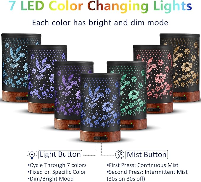 EQUSUPRO Essential Oil Diffuser 150ml Black Metal Aromatherapy Oil Diffuser Ultrasonic Cool Mist Diffuser with Auto Shut-Off Protection,7 Colors Changed LED for Home Office SPA Yoga