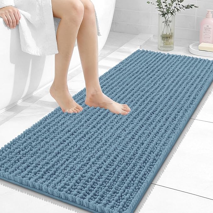 OLANLY Long Bathroom Rugs Runner 47x20, Thick Soft and Absorbent Chenille Bath Mat, Non-Slip, Machine Washable Quick Dry Bath Rugs for Tub Shower Floor, Home Decor Accessories, Airy Blue