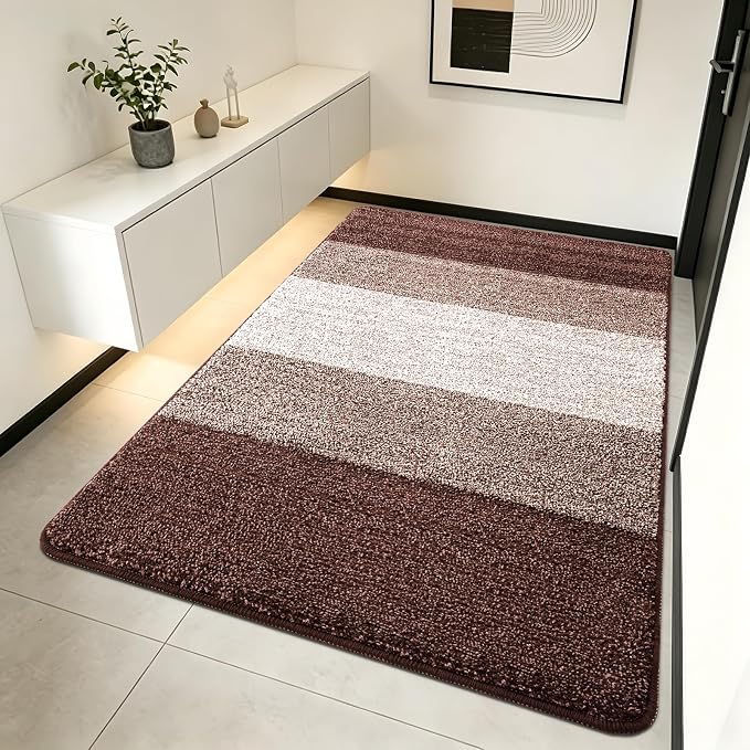 Kitinjoy Indoor Outdoor Door Mat, 70x32 Non-Slip Absorbent Dirt Trapper, Low-Profile Washable Inside Entrance Front Floor Mat, Sturdy Soft Entry Doormats for Entryway, Brown