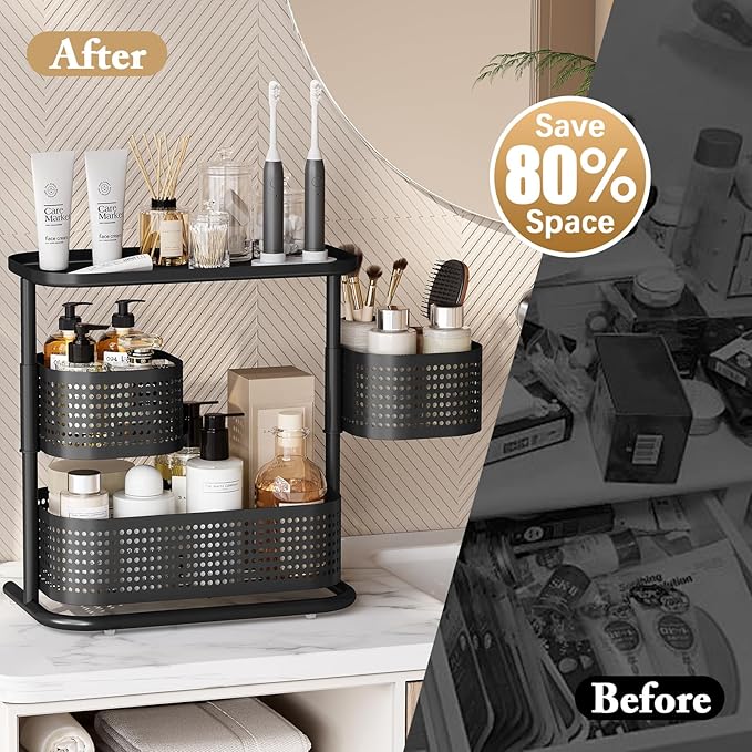 3 Tier Bathroom Counter Organizer, Rotating Countertop Vanity Storage Cabinet with Standing Shelf, Cosmetic Holder for Skincare & Makeup, Kitchen Spice Rack, Bedroom Nightstand Organizer, Black