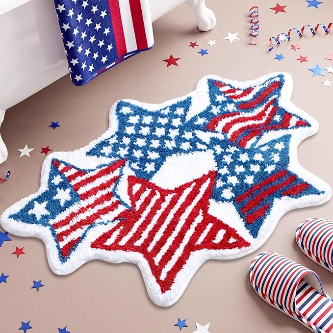 Capoda 1 Pcs Patriotic Bathroom Rug 24 x 35 Inch 4th of July Star Bath Mat Non-Slip Soft Microfiber Independence Day Rug for 4th of July Kitchen Home Bathroom Entrance Decor(Strip Star, Red Blue)