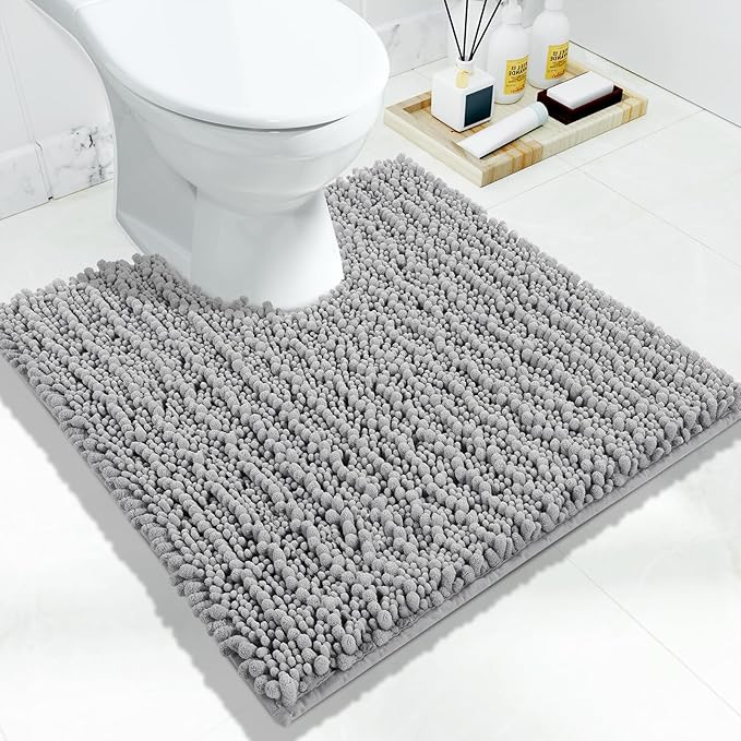 Yimobra Toilet Rug U Shaped Washable 24x24 Inch - Ultra Soft Absorbent Chenille Bath Rugs for Toilet, Quick Dry & Machine Washable, Non Slip Contour Bathroom Mat, Gray