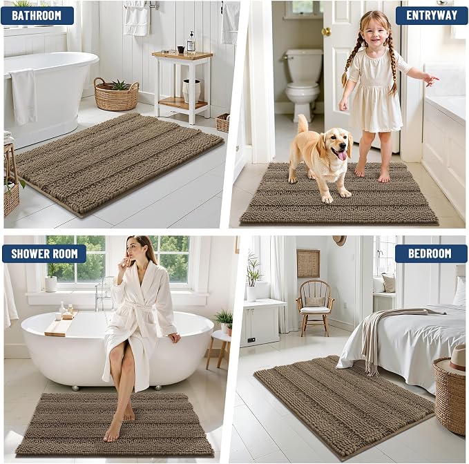 Grandaily Chenille Striped Bathroom Rugs 30x20, Extra Thick and Absorbent Bath Mats, Non-Slip Soft Plush Shaggy Shower Carpet, Machine Wash Dry, Bath Rug for Bathroom, (Medium, Camel)