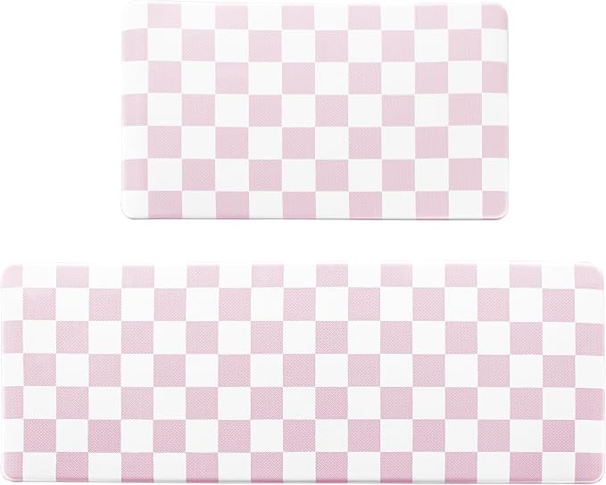 Pink Checkered Grid Checkerboard Kitchen Rug Sets [2 PCs], Anti-Fatigue, Waterproof Non-Slip Kitchen Mats Heavy Duty Ergonomic Comfort Foam Rug for Floor, Home, Laundry,Easter 17"x29"+17"x47"