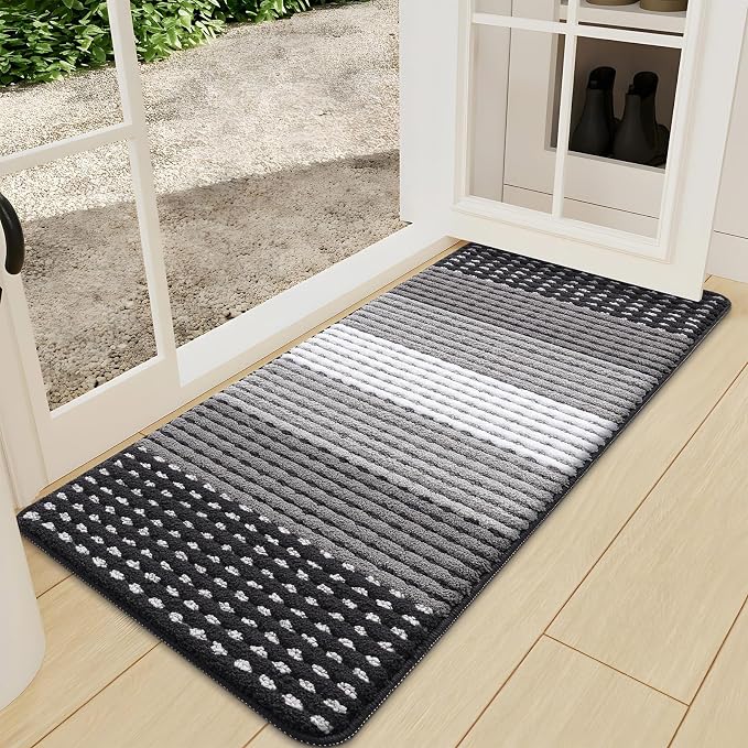 Kitinjoy Indoor Outdoor Door Mat, 47x24 Non-Slip Absorbent Dirt Trapper, Low-Profile Washable Inside Entrance Front Floor Mat, Sturdy Soft Entry Dotted Ombre Doormats for Entryway, Grey