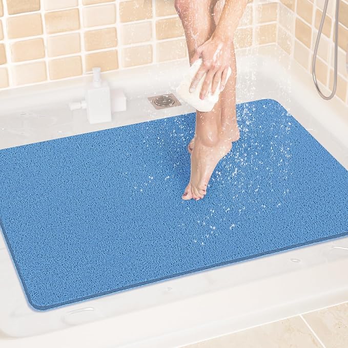 LuxStep Shower Mat Bathtub Mat,24x32 inch, Non-Slip Bath Mat with Drain, Quick Drying PVC Loofah Bathmat for Tub,Shower,Bathroom (Lake Blue)