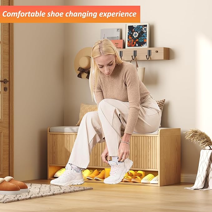 HOMEFORT 47.2" Fluted Shoe Storage Bench, Entryway Bench with Linen Seat Cushion, Shoe Cabinet Bench with Adjustable Shelf and Built-in LED Sensor Light, Bench for Bedroom End of Bed, Natural Oak
