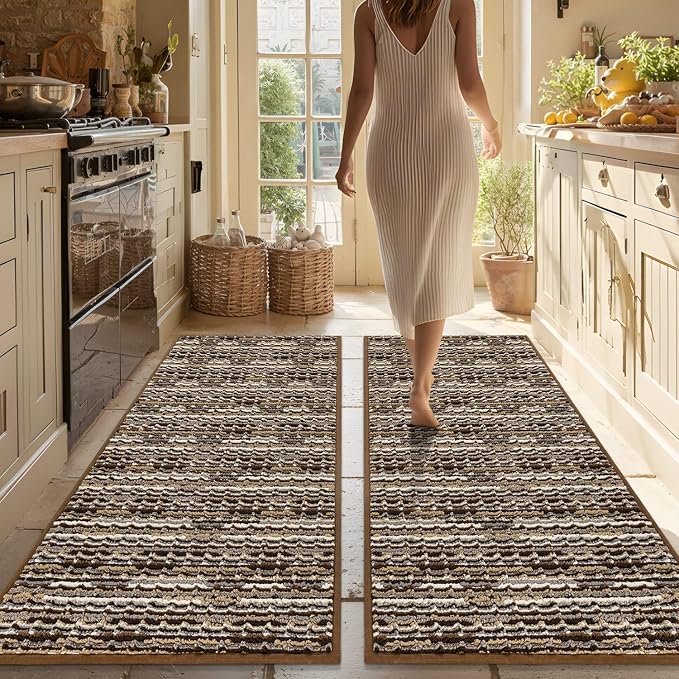 Kitchen Rugs Sets of 2-Non Slip Kitchen Mats for Floor-Thick Stain Resistant Vintage Kitchen Floor Mat Runner Carpet for Hallways Entryway Laundry Room Washable（Brown 20"x47"+20"x47"）