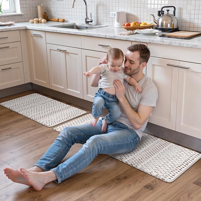 KIMODE Kitchen Mats 2PCS Cushioned Anti Fatigue Boho Kitchen Rugs and Mats Non Slip Waterproof Kitchen Mats for Floor Comfort Foam Standing Desk Mat for Home Office Sink Laundry Brown and White Decor