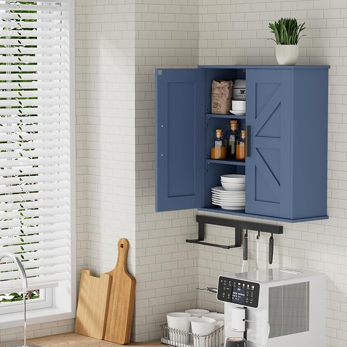 Homleke Bathroom Wall Cabinet, Over Toilet Storage Cabinet with Barn Doors and Adjustable Shelves, 3-Tier Medicine Cabinet Wall Mounted, for Bathroom, Kitchen, Entryway, Laundry Room, Blue, (7.9" D)