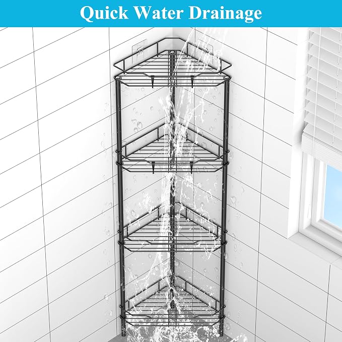HuggieGems 4 Tier Floor Standing Corner Shower Caddy Organizer Shelf with Hooks, Bathroom Shelves Stand Rack, Black
