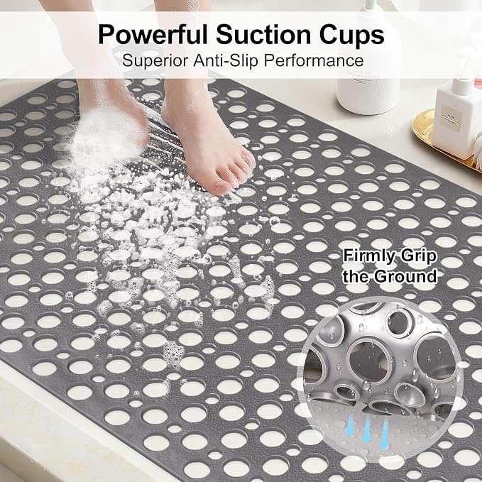 Anti Slip Shower Mat with Suction Cups,23.6x35.4 Inch Quick Drain TPE Non Slip Shower Mats for Inside Shower,Large Bath Mat for Shower Soft on Feet, Easy to Dry&Cut Machine Washable