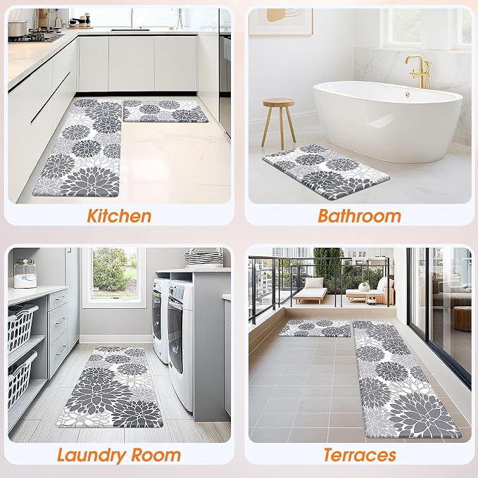 StepLively Kitchen Mats for Floor 2PCS, Anti Fatigue Mats for Kitchen Floor, Kitchen Accessories for Sink, Office, Laundry, 17.3"×30"+17.3"×47", White and Grey