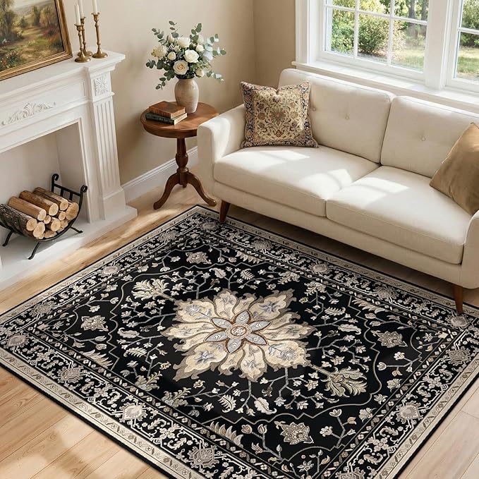 RELEANY Area Rugs 4'x6' Washable Non-Slip, Floral Vintage Distress Medallion Carpet for Living Room Bedroom Dining Room, Black Brown Neutral Dark Tan