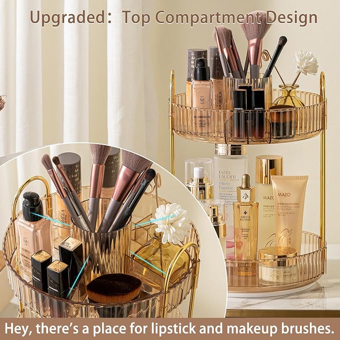 shuang qing Rotating Makeup Organizer for Vanity, High-Capacity Skincare Clear Make Up Storage Perfume Organizers Cosmetic Dresser Organizer Countertop 360 Spinning (Gold, New-2 Tier)