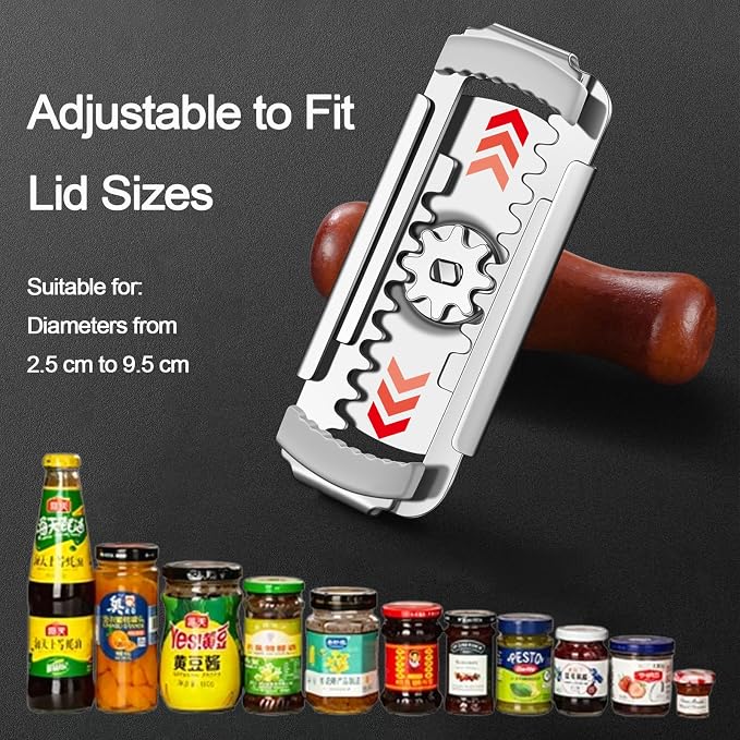 Adjustable Jar Opener for Weak Hands, Stainless Steel Lid Opener with Non-Slip Rubber Lining & Wooden Handle, Heavy Duty Bottle Opener for Seniors with Arthritis, Easy Twist Off Tight Lids