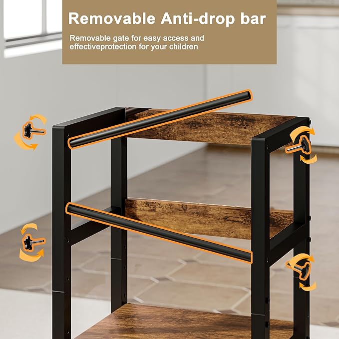INNOD Kitchen Step Stool for Toddlers, Height Adjustable Toddler Tower with Safety Rail, Steel and Wood Toddler Kitchen Stool Helper Kids, Stool for Kids, Learning Tower, Kids' Desk Brown