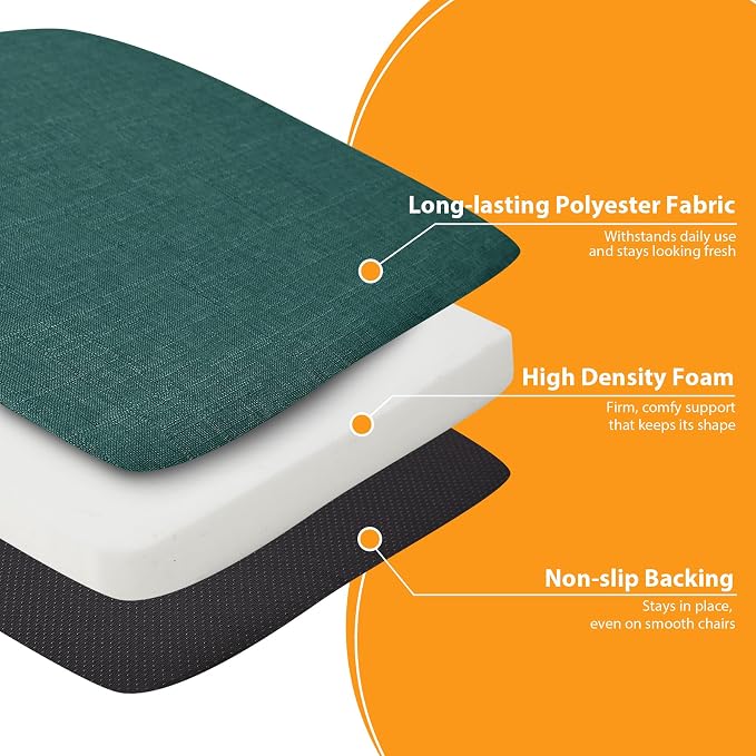 Ruqmuis Chair Cushions for Dining Chairs, 2" Thick Seat Cushions for Kitchen Chairs, D-Shaped Chair Pads with Washable Cover, Ties and Non Slip Backing, 17'' x 16'', Set of 6, Green