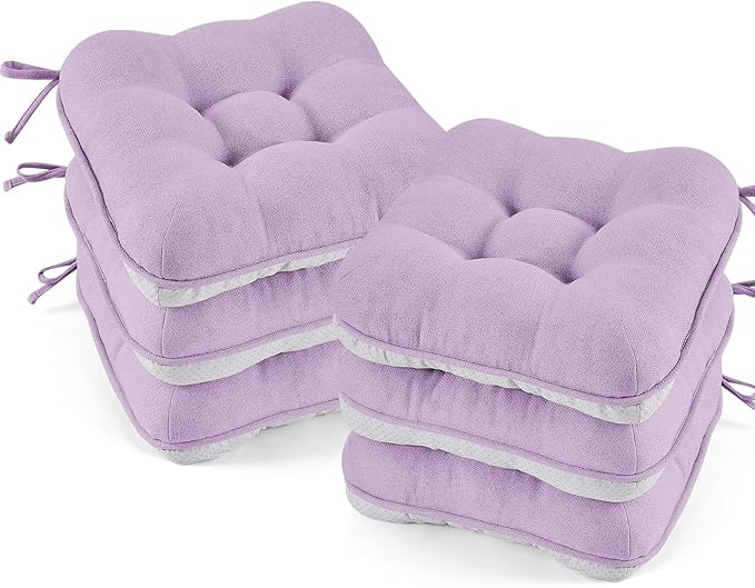 BETU Chair Cushions for Dining Chairs Set of 6,3.5" Thick Kitchen Table Chair Pads with Ties,Non Slip Backing and Covers, Seat Cushion for Dining Room,Bar,Patio Chairs,15.5"X15.5"X3.5",Purple