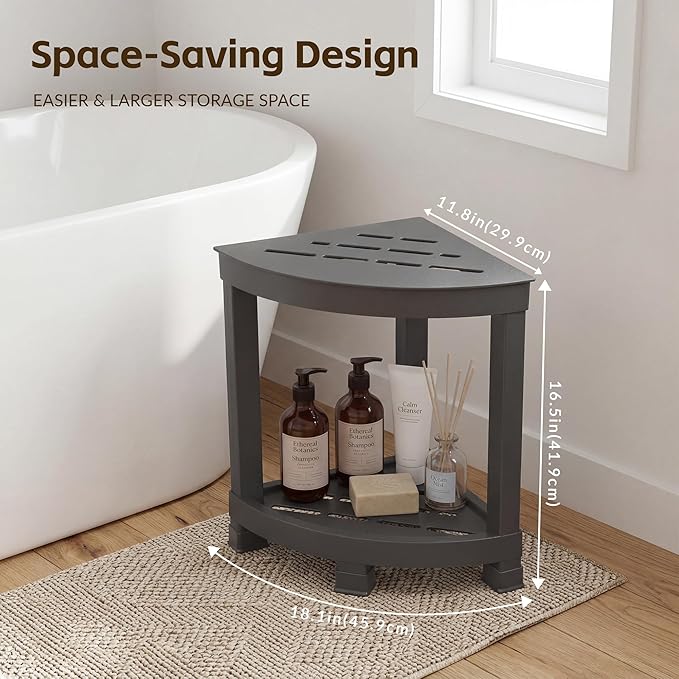 Shower Bench for Inside Shower, Waterproof Shower Stool with Storage Shelf, Corner Bathroom Organizer with Non-Slip Feet, Bath Seat for Adults, Small Side Table for Bathroom and Bedroom