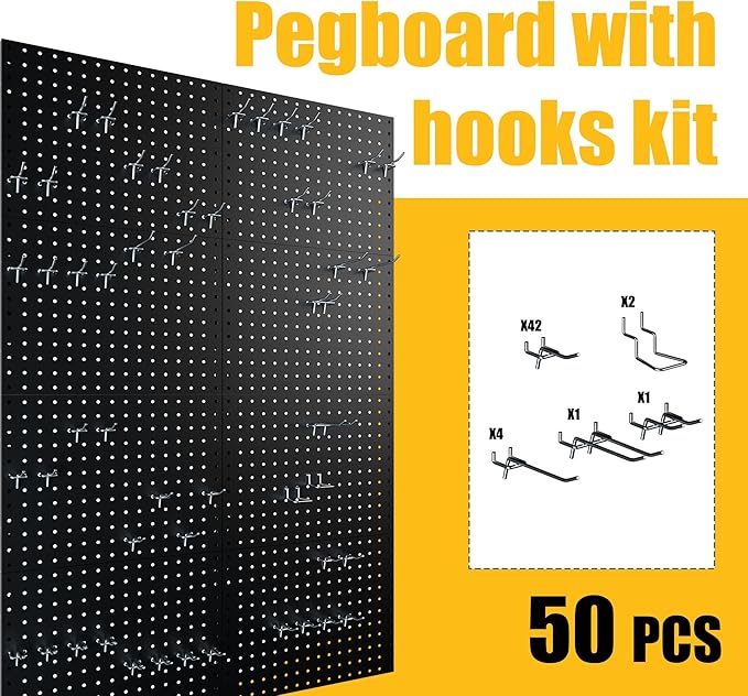 Spampur Peg Board, 8 Pack Metal Pegboard Panels with 50 Hooks, Black Pegboards Wall Organizer, Heavy Duty Peg Board for Walls Home, Garage Tool Storage, Office Organization, Craft Room, Kitchen