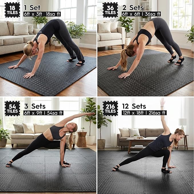 18pcs Puzzle Exercise Mat, 12.6"x12.6"x0.4", 18sqft EVA Interlocking Foam Floor Tiles, Non-Slip, Protective, Water-Resistant Flooring for Home Gym & Workout Equipment