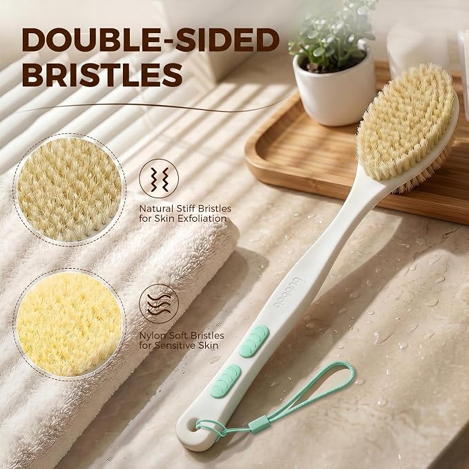 Back Scrubber for Shower with Long Handle,Green | Double Sided Bristles (Stiff & Soft), Anti-Slip Grip, Lightweight - Gift for Seniors, Includes Lanyard & Hook