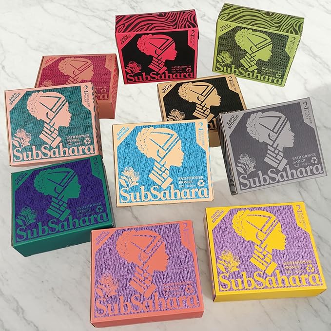 SubSahara Authentic African Net Sponge - 2 Pack Exfoliating Bath & Shower Loofah Sponge for Body & Face, Gentle Scrubber for All Skin Types, Travel, Durable (Linen & Brown)